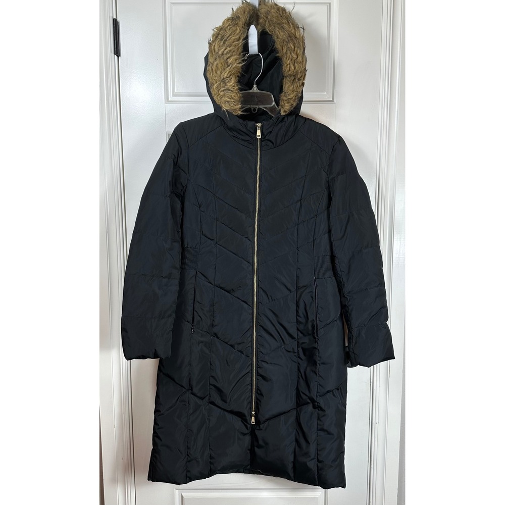 Cole‎ Haan Signature Black Chevron Quilted Faux Fur Hood Puffer Coat M